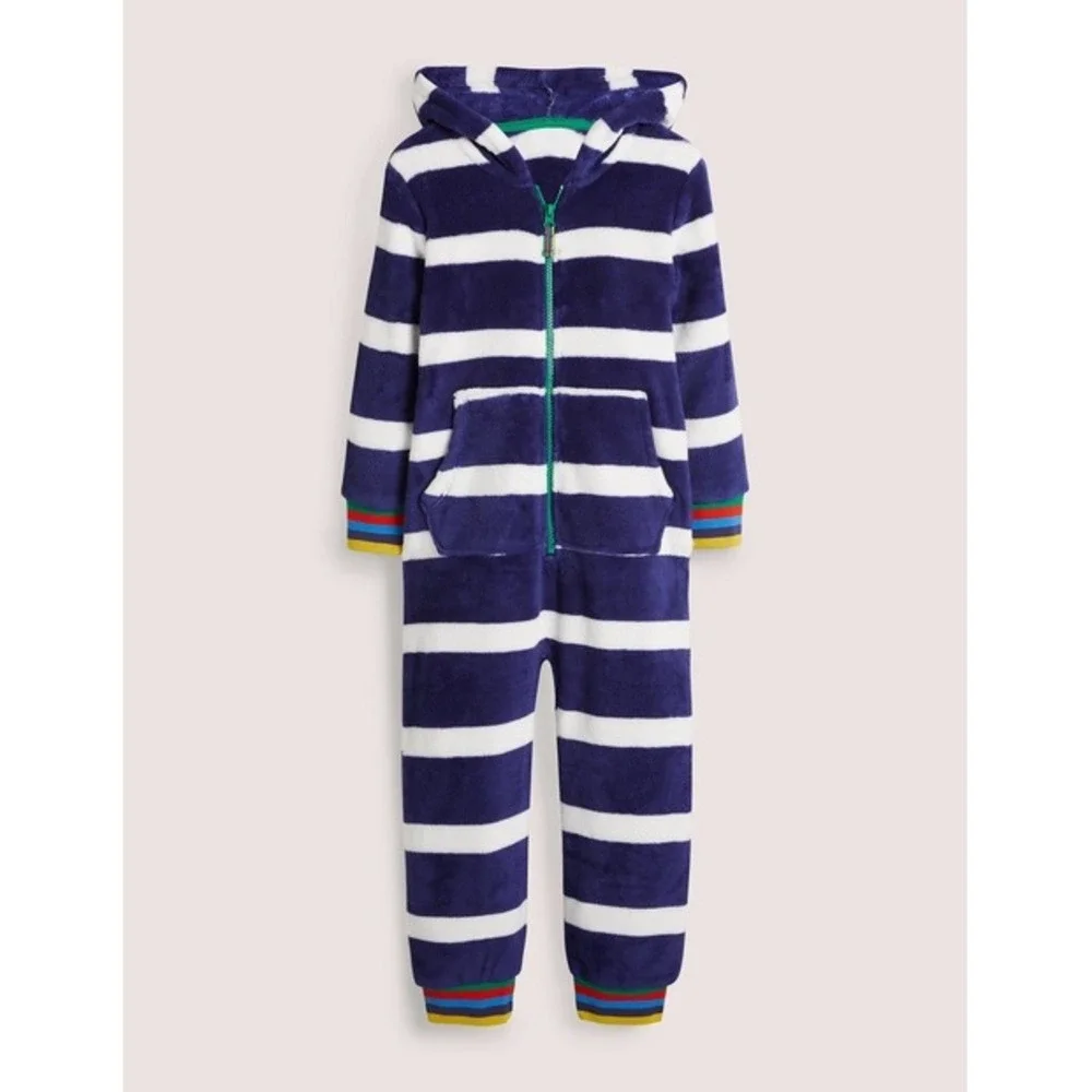 Boden Cosy Fleece Onesie Kids Navy White Fleece Hooded One Piece Pajamas 8-9Y